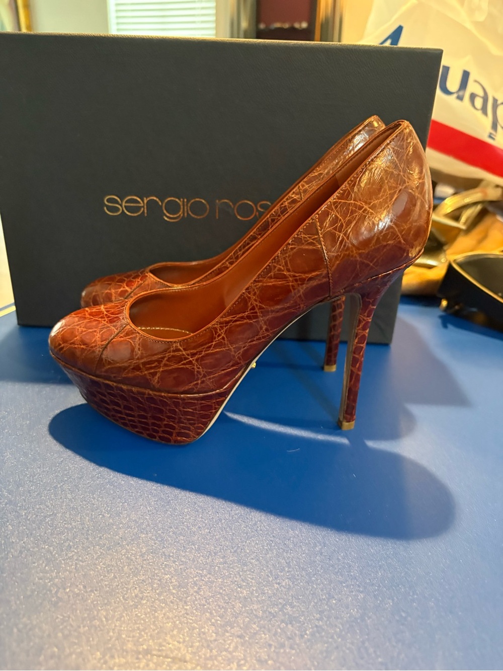 Sergio Rossi Croc-Embossed Chestnut Platform Stiletto Pumps